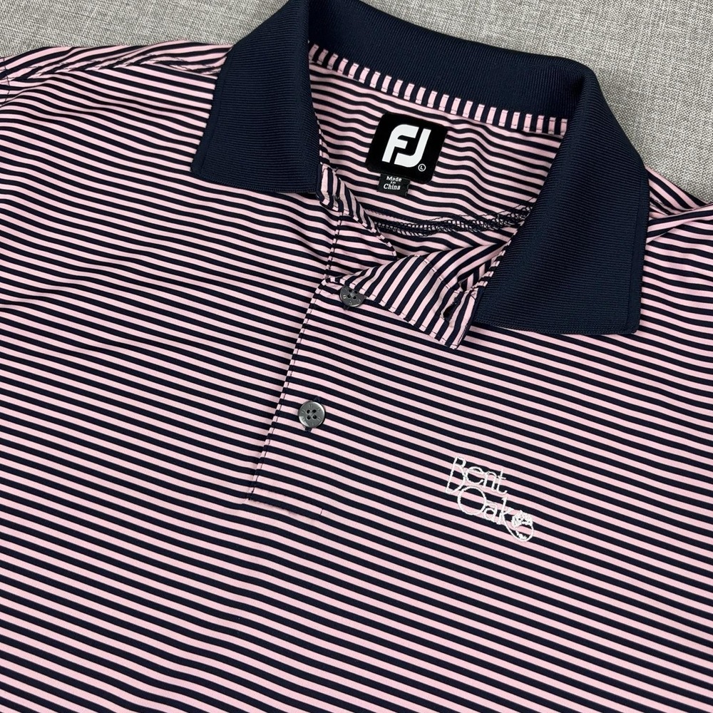 FootJoy Golf Polo Shirt Mens L Blue Pink Striped Bent Oak Stretch Short Sleeve